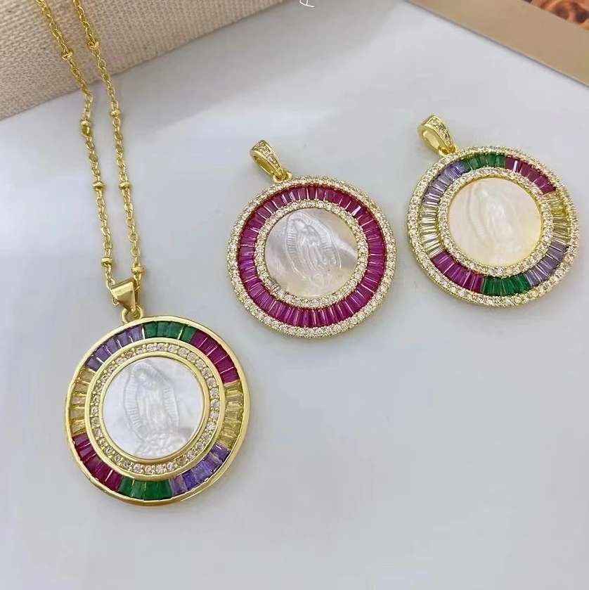 Coin Shape Gold Plated Multi color zirconia paved Virgin Mary medallion Charm Pendant Necklace Religious Christian necklace