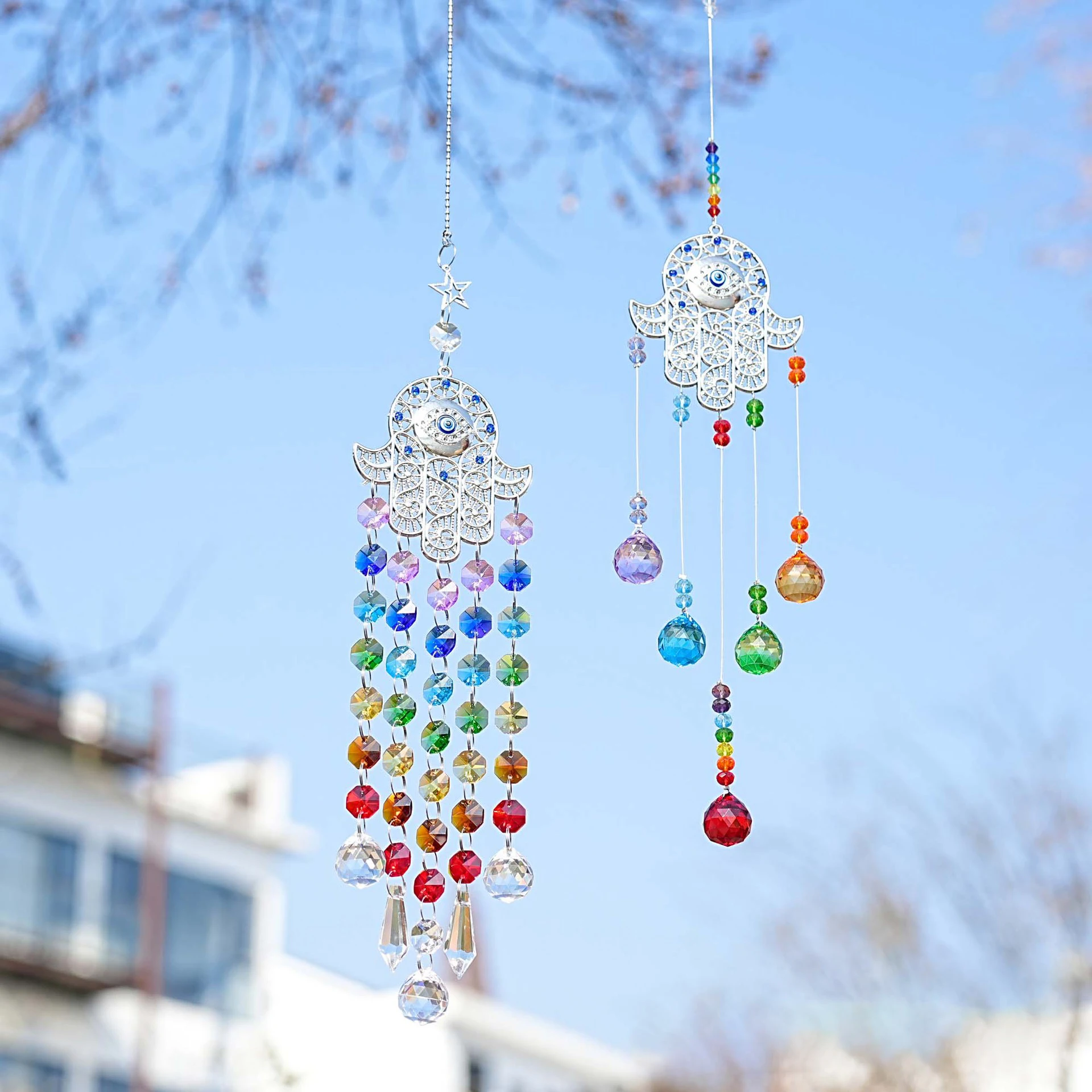 Colorful Crystal Chandelier Pendant Rainbow Prism Blue Evil Eye Hamsa Hand Crystals Suncatcher For Car Home Decor