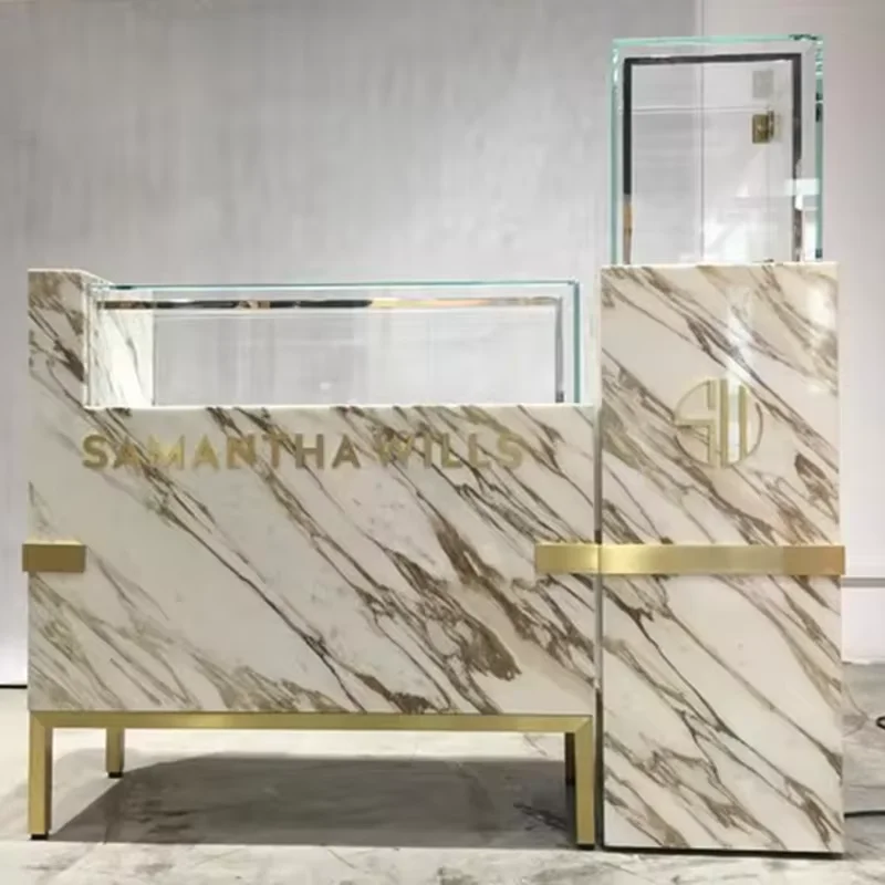 High End Luxury Golden MarbleJewelry Store Showcase Counter Design Custom Glass Jewelry Display Showcase for Retail Shop