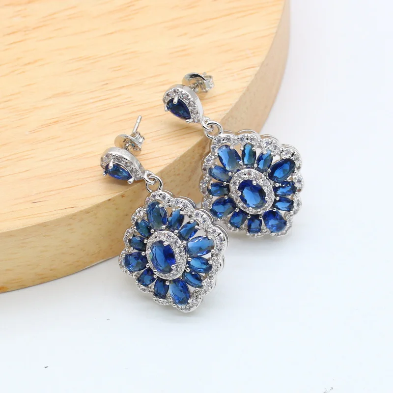 925 Silver Stamp Sapphire Blue Necklace Earring Set for Women Luxury Wedding Party Bridal Jewelry