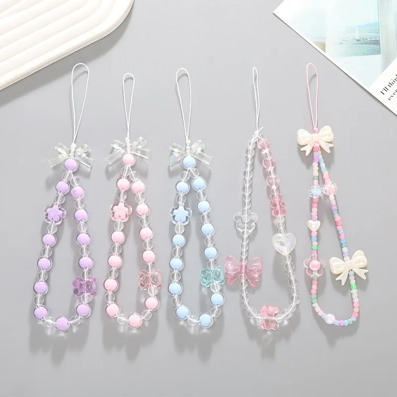 2024 New Cartoon Beaded Phone Hanging Rope Cute Little Bear Love Bow Beaded Short Phone Chain Female