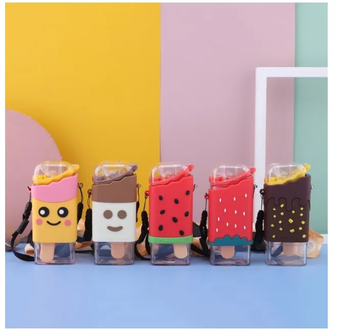 New Design Creative unique water bottle with straw and rope colorful cute water bottle kids