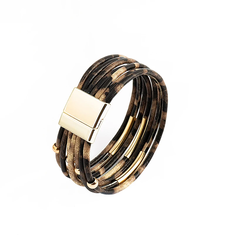 2020 fashion bracelets bangles multilayer wrap leopard leather bracelet for women gold plated copper beads magnetic clasp m