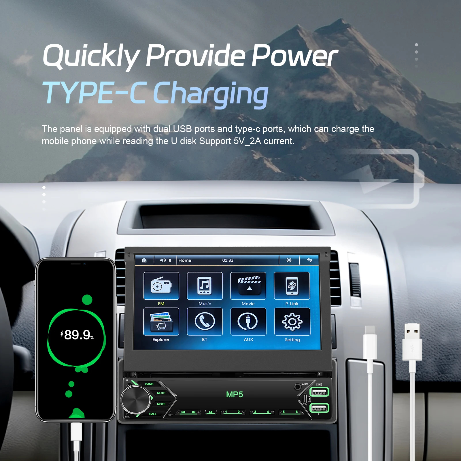 Podofo Single Din Car Radio Stereo 7' Car MP5 Player Retractable Touch Screen Auto Electronics BT FM USB Type-C