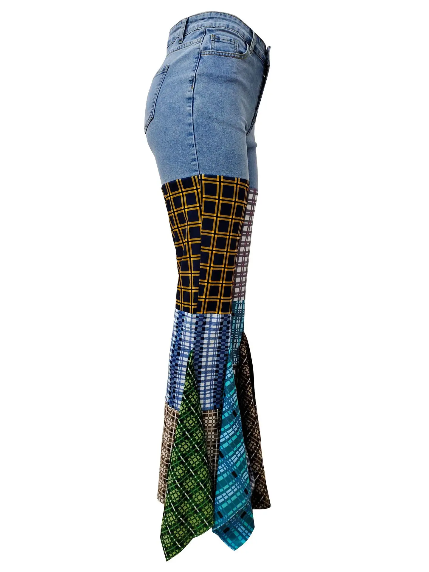 Ld83176 New Arrival Jeans Pants For Women Patchwork Thousand Bird Checker Ruffle Flared Jeans Casual Denim Jeans For Ladies