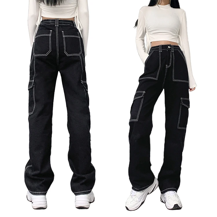 new design open line and large side pocket straight leg Jeans for women