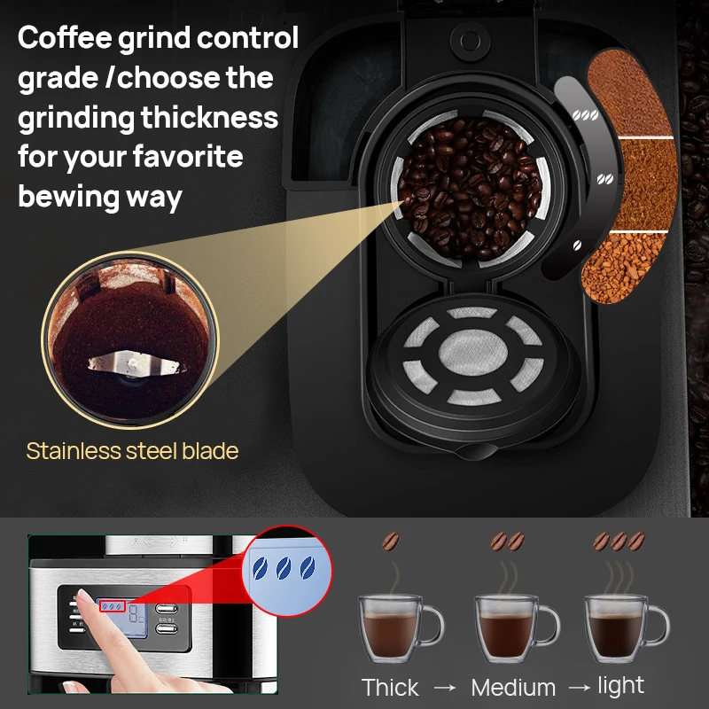 Coffee Maker Machine with Grinder Digital LED Display Screen Grinding Bean to Cup Stainless Steel 1.25L Electric LCD 2 in 1 1050