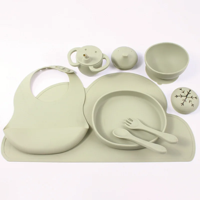 Bpa Free Baby Feeding Tableware Kit Silicone Plate Suction Bowl Placemat Cup Bib Spoon And Fork Set