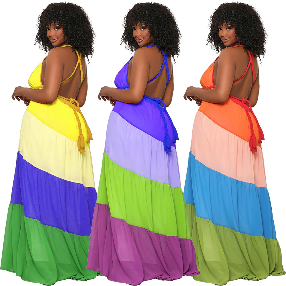 Wholesale Pleated Chiffon Dresses Elegant Lace Up Halter Maxi Dress Women Ladies Printed Sleeveless Casual Long Chiffon Dress