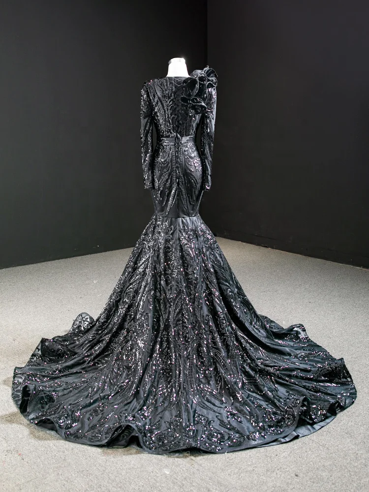 Elegant Long Sleeve Sequin Lace Black Women Evening Dresses