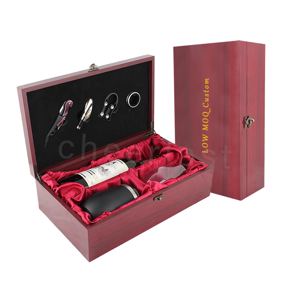 Good Idea Red Wine Double Wood Box Storage Carrying Case And 4pcs Tools Combo Set With Accessories Wine Bottle Wooden Gift Box