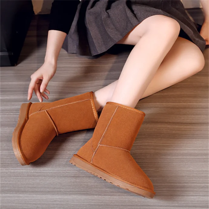 2021 New Classic Mid-Calf Frosted Cowhide Cold Warm Leather Ladies Snow Boots