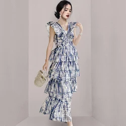 Summer Dress New Temperament Lotus Leaf Heavy Industry Tie-Dye Bronzing Waist Cake Skirt Fashion Dress