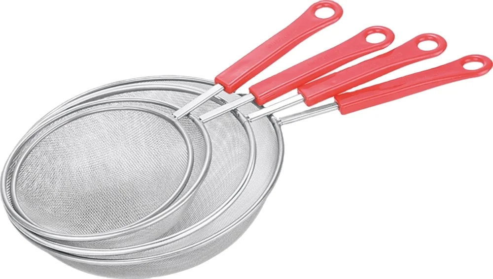 Hot Sale Kitchen Tool Stainless Steel Mesh Colander Sifter Sieve S.S. Mesh Strainer With Non-Slip Plastic Red Handle