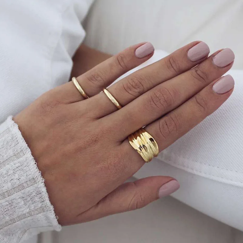 Unisex Titanium Steel Plated 18K Tin Foil Ring: Designer Irregular Ring with Wide Hammered Texture, Cool Tone Fashion Ring