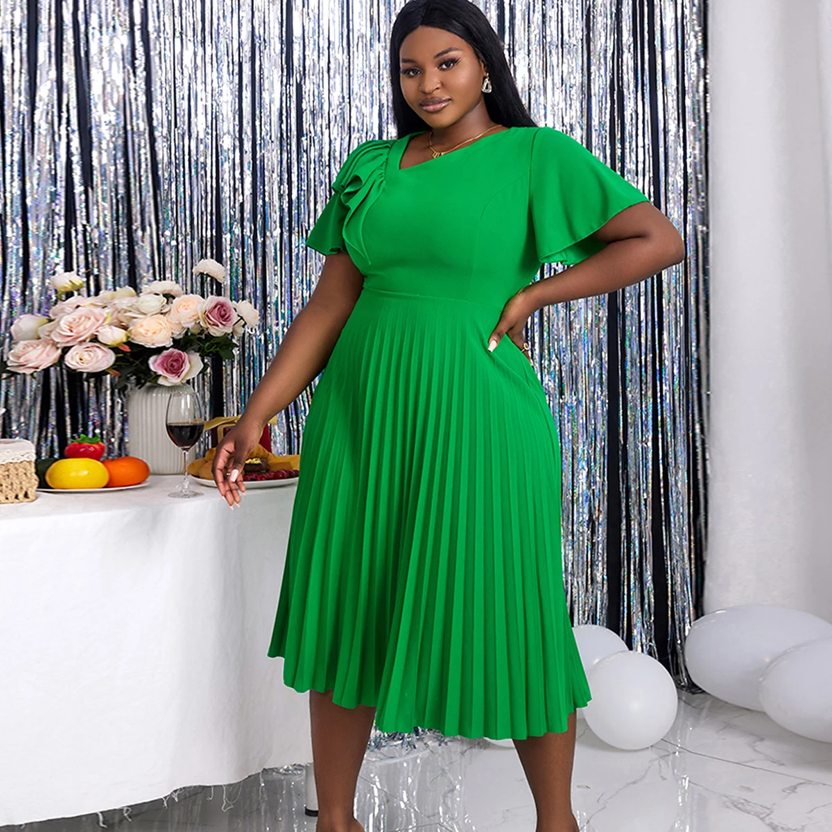 Summer Fashion Short Sleeve A-Line Ruffle Pleated 4XL Women Casual Dress