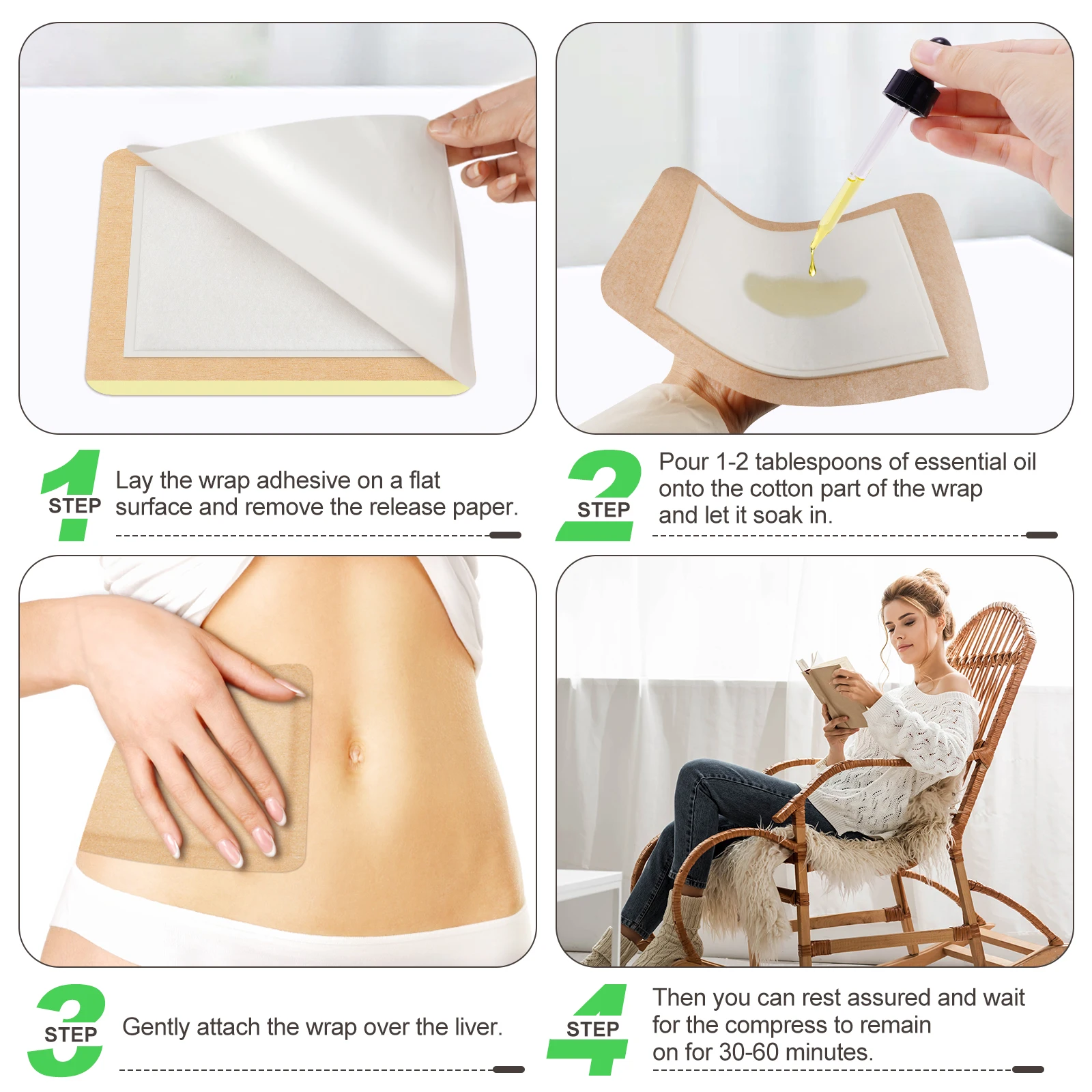 ALIVER 12 Pack Ultra-Absorbent Self-Adhesive Oil Wrap Disposable Organic Cotton Castor Oil Pack Wrap For Liver Detox