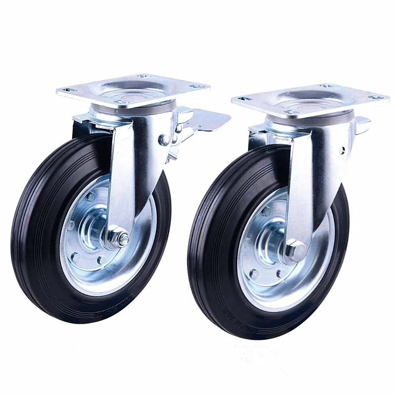 8 Inch Steel Core Dustbin Garbage Bin Caster With Brake Black Rubber Wheel