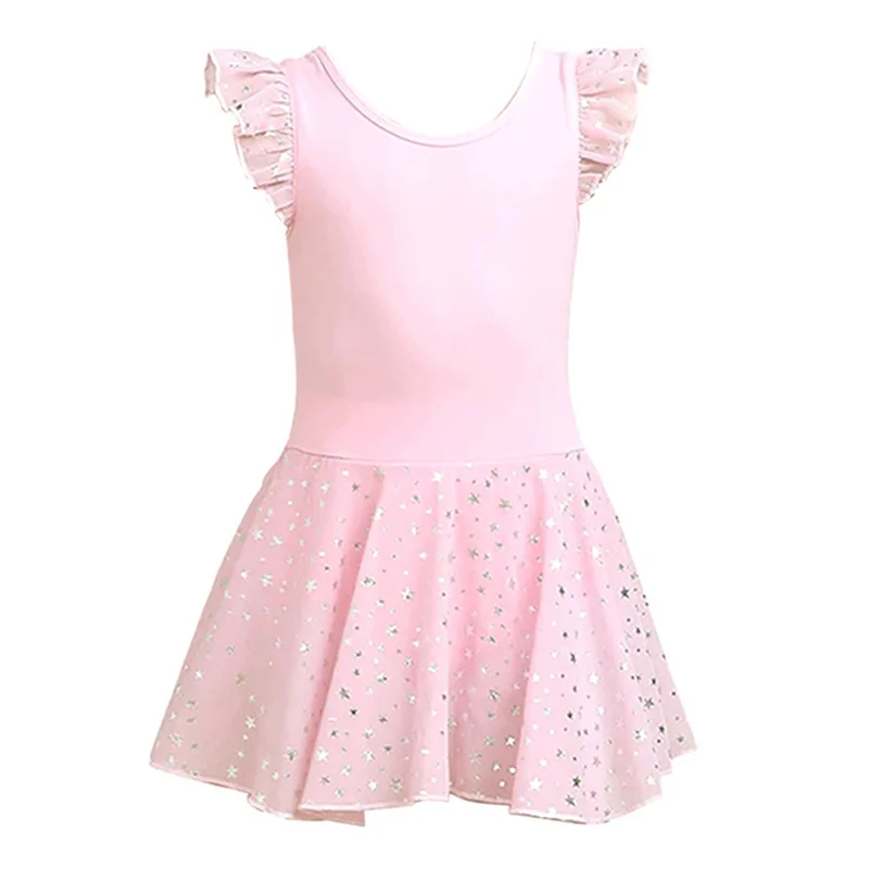 Girls Ballet Leotard with Ruffle Sleeves and Tutu Skirt Sparkle Dance Dress for Children 3-11 Years