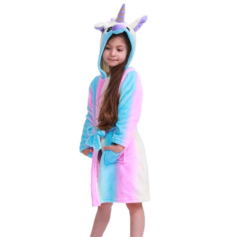 
Hooded Plush Robe Animal Fleece Kids Rainbow Unicorn Sleepwear Bathrobe Pajamas 