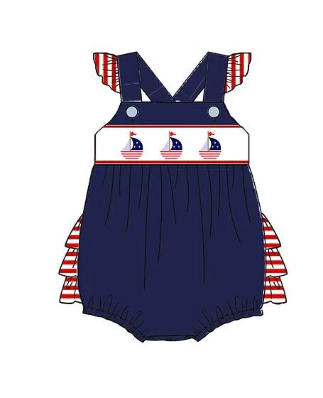Latest spring summer kids clothes sailing embroidery short two-piece set custom baby girls boys cute sibling matching outfits
