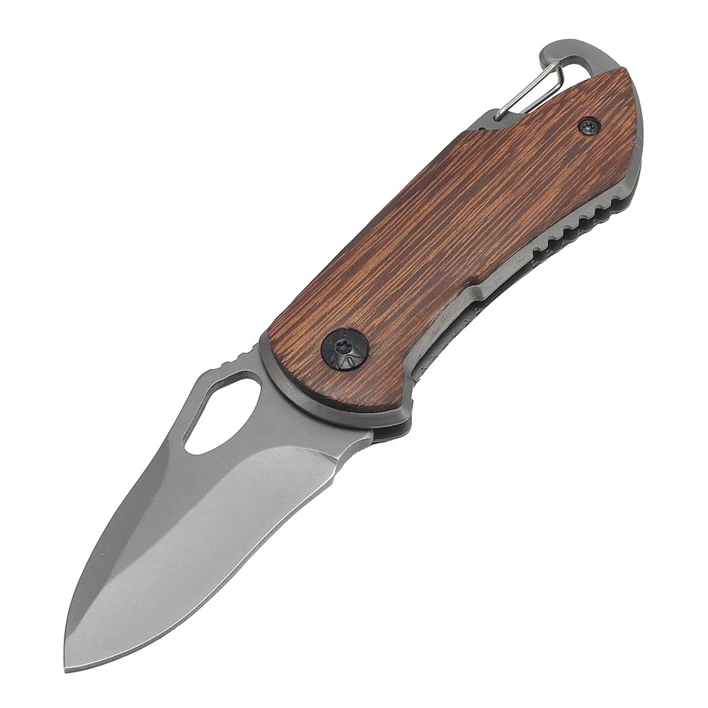 Personalized Engraved Wood Handle Titanium Coated Small Folding Camping EDC Pocket Knife with Carabiner
