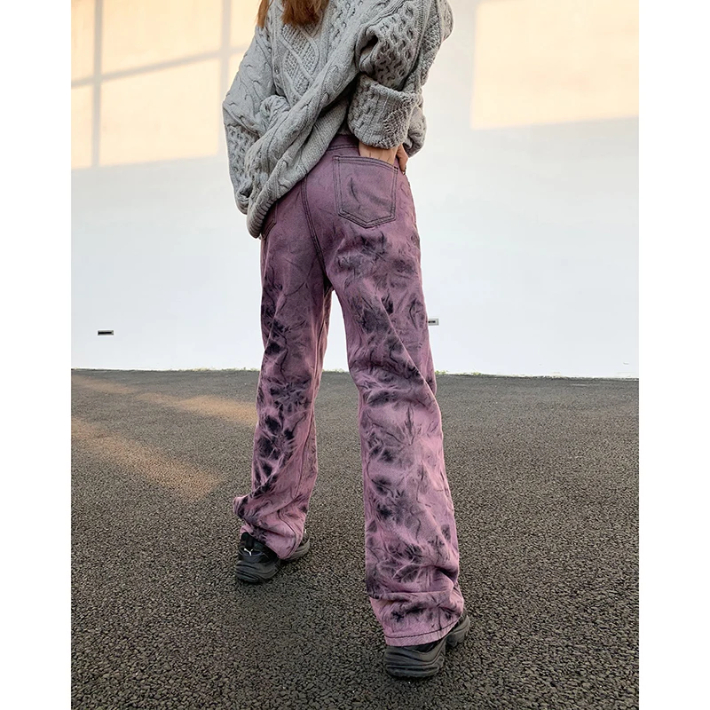 DiZNEW Autumn Chic Boyfriend  Straight Cut Paint Splash Style Tie Dye Denim Jeans for Women