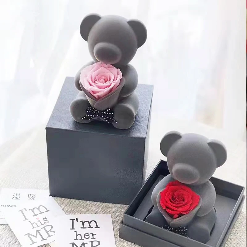 2022 Wholesale decorative flowers Forever rose bear Natural Eternal Preserved Flocking teddy for Valentines day gift