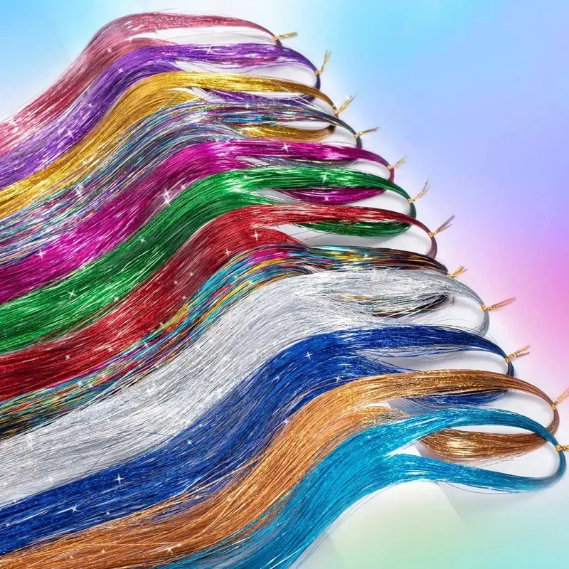 Wholesale Rainbow Hair Tinsel 47 Inches200Strands Girls Headwear Sparkle Hair PET Laser Gold Color Hair Extensions