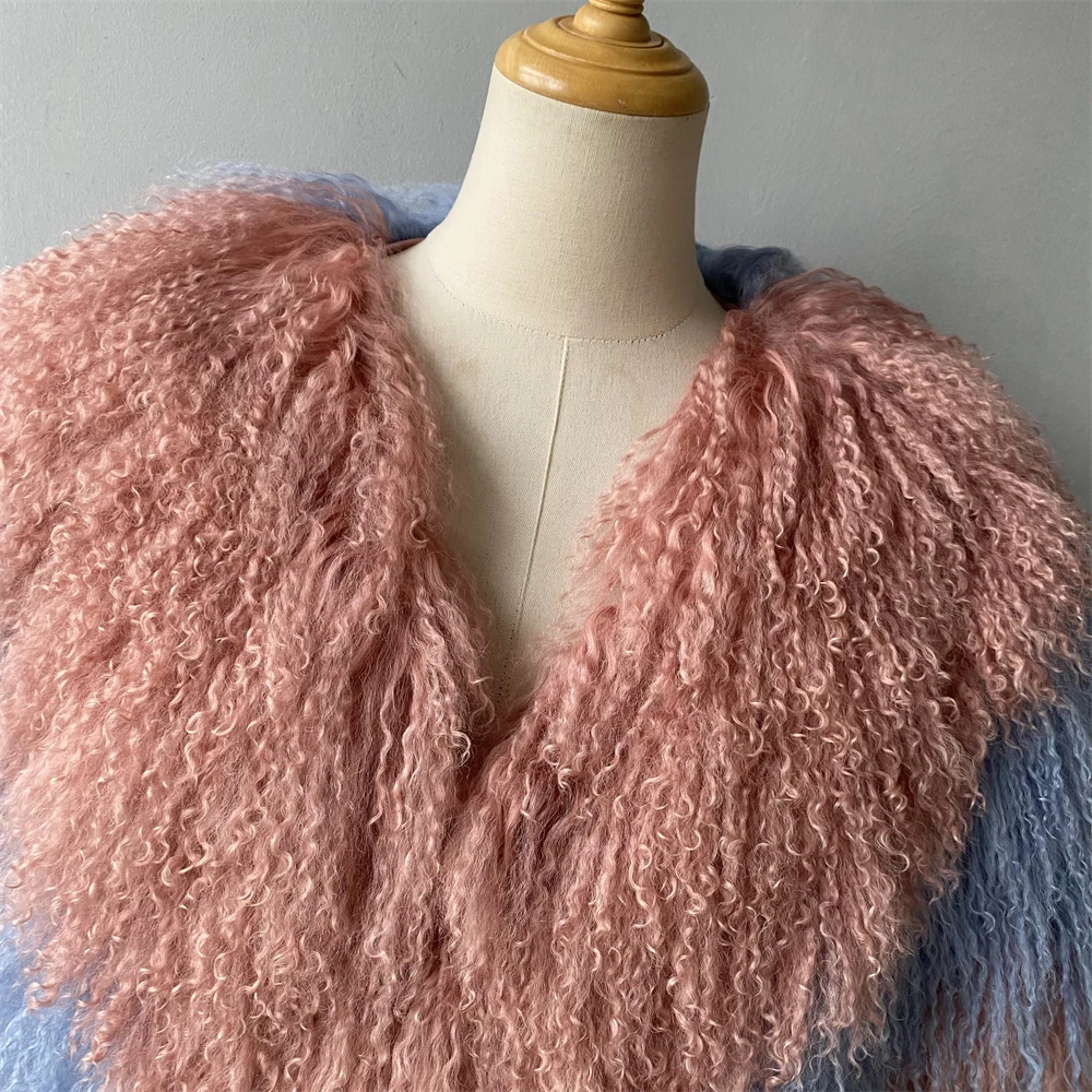 Wholesale Soft Elegant Custom Logo Winter Overcoat Fluffy Thick Warm Luxury Long Real Mongolian Lamb Sheep Skin Fur Coat Women