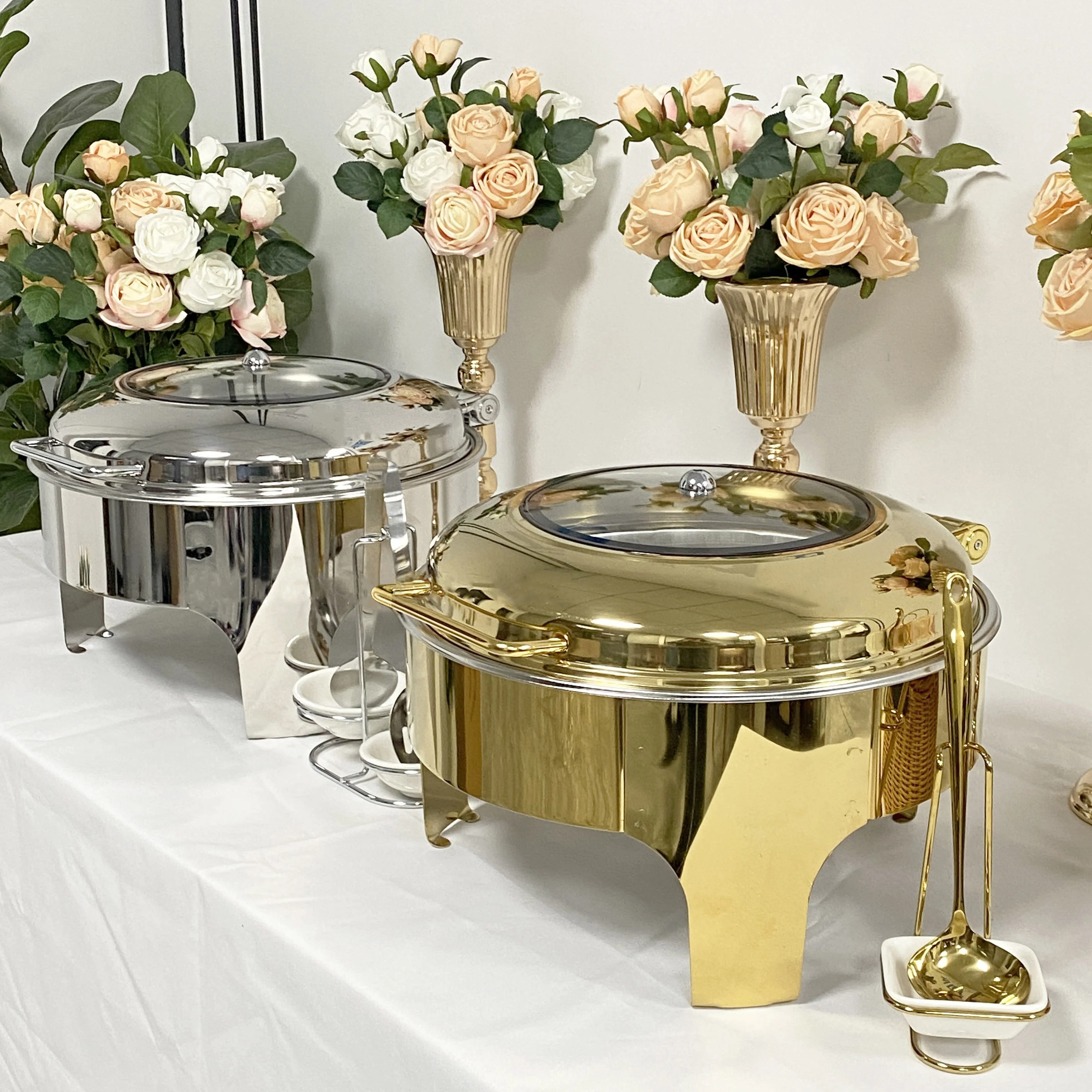 Luxury stainless steel silver and gold roll top 6.0L round chafing dish with window for banquet food warmers