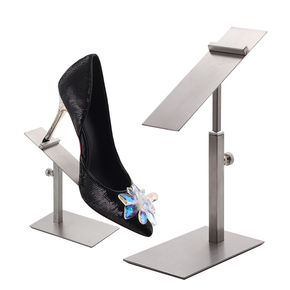 Luxury Retail Shoe Metal Stainless Steel Brushed Mirror Display stand Height Adjustable 1 Pair Shoes Display Stand Rack