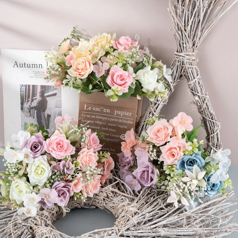 AD-001 New Arrival Wholesale Artificial Tea Rose Peony Bridal Bouquet Dandelion Flower Bundles Silk