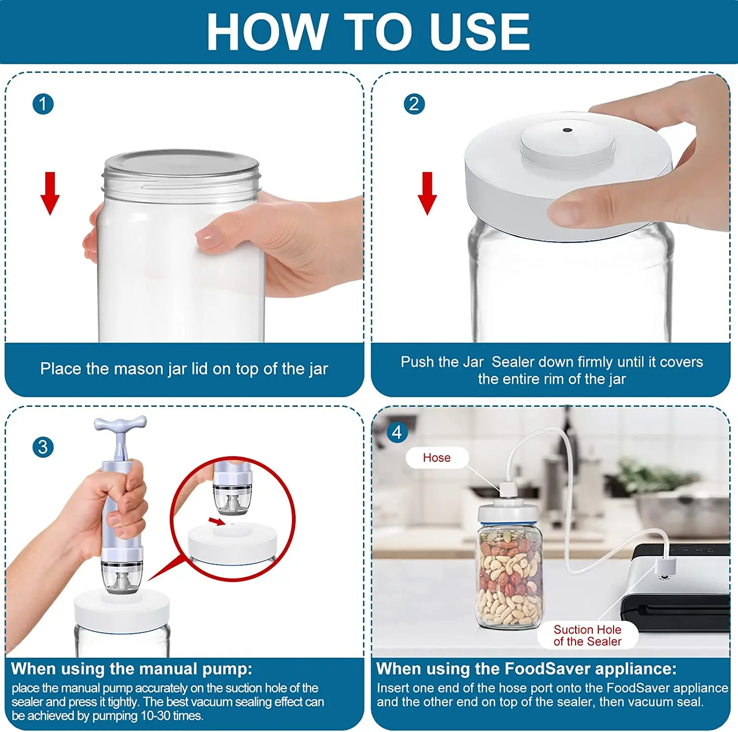 Mason Jar Sealer Vacuum Kit with Manual Vacuum Pump Compatible with FoodSaver Vacuum Sealer Machine