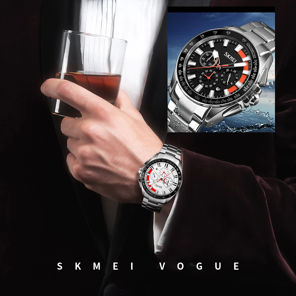 SKEMEI 9167 6 men wrist watch stainless steel chronograph date water resistant men watches for men quartz watch Reloj