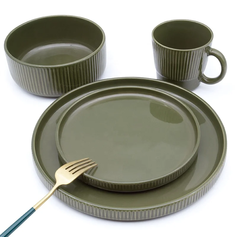 china Embossed dark green glazed luxurious Eco-friendly Stoneware dinnerware sets for Europe market popular tableware set