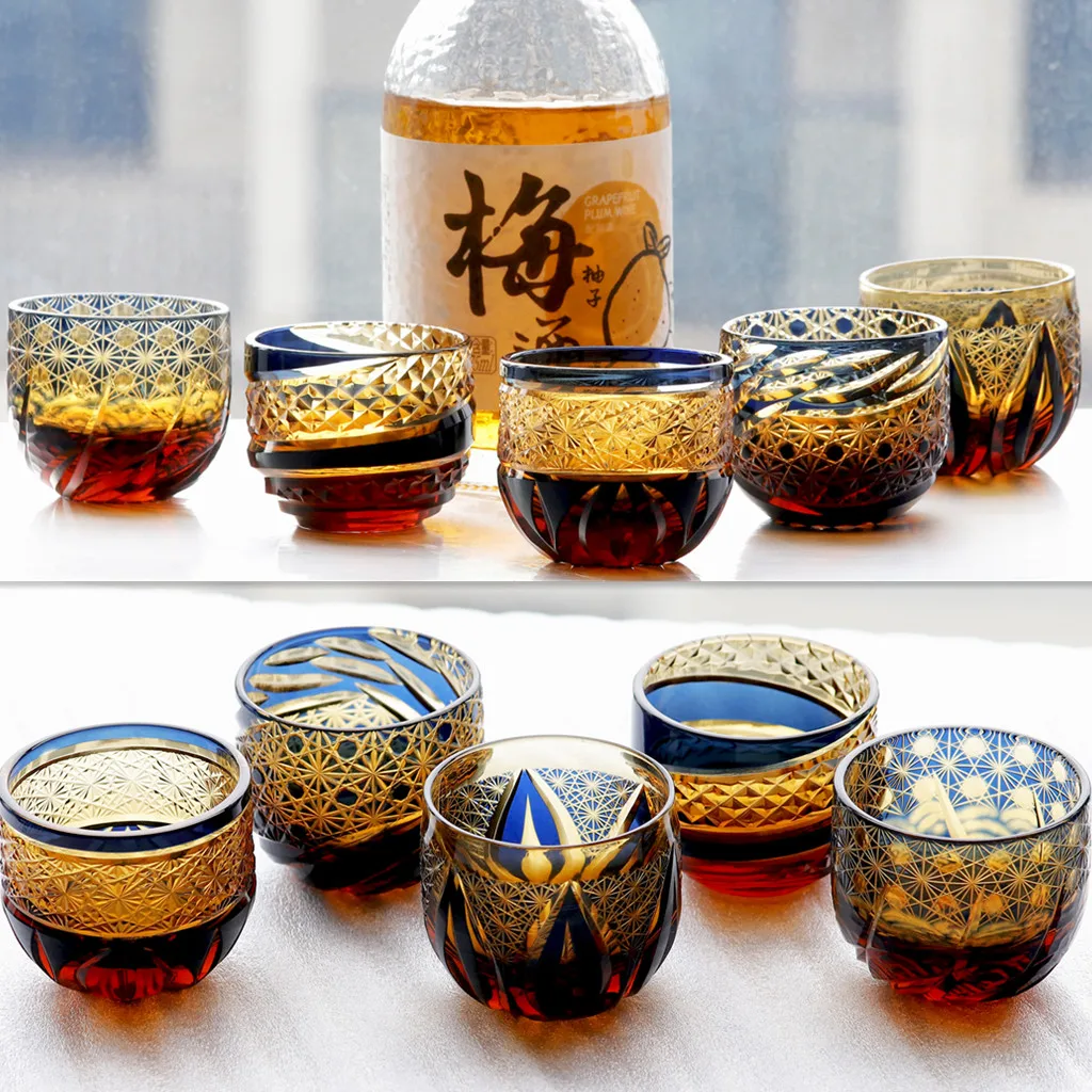 60 ml Hand Engraved Sake Cup Glass Shot Glass Amber and Blue