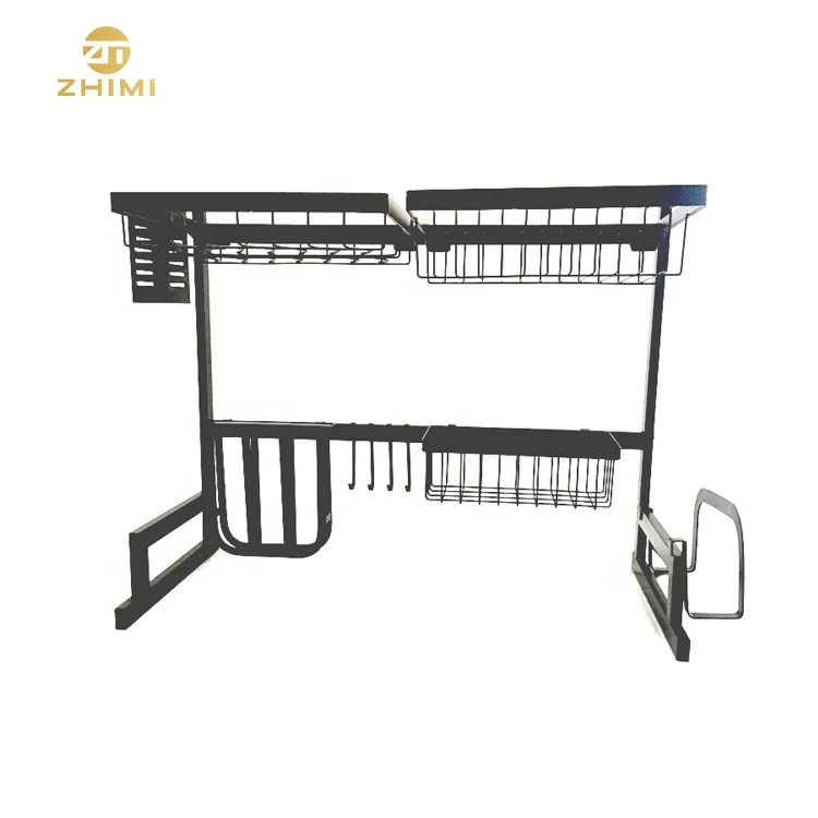 
Factory Hot Sale 2 Tiers Black Stainless Steel Home Kitchen Plate Drying Storage 65cm Over Sink Dish Drainer Rack 