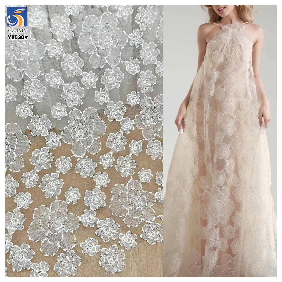 YX538 2025 New Products Hook Flowers Mesh Embroidery Fabric Dresses Women White Tulle Embroidery Fabric