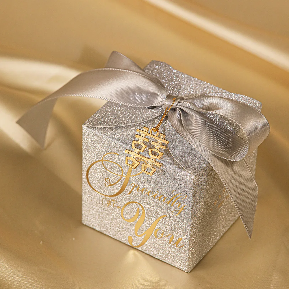 Gold Silver Luxury Birthday Party Wedding Favor Packaging Glitter Paper Gift Box Bag Sweet Candy Boxes With Ribbon