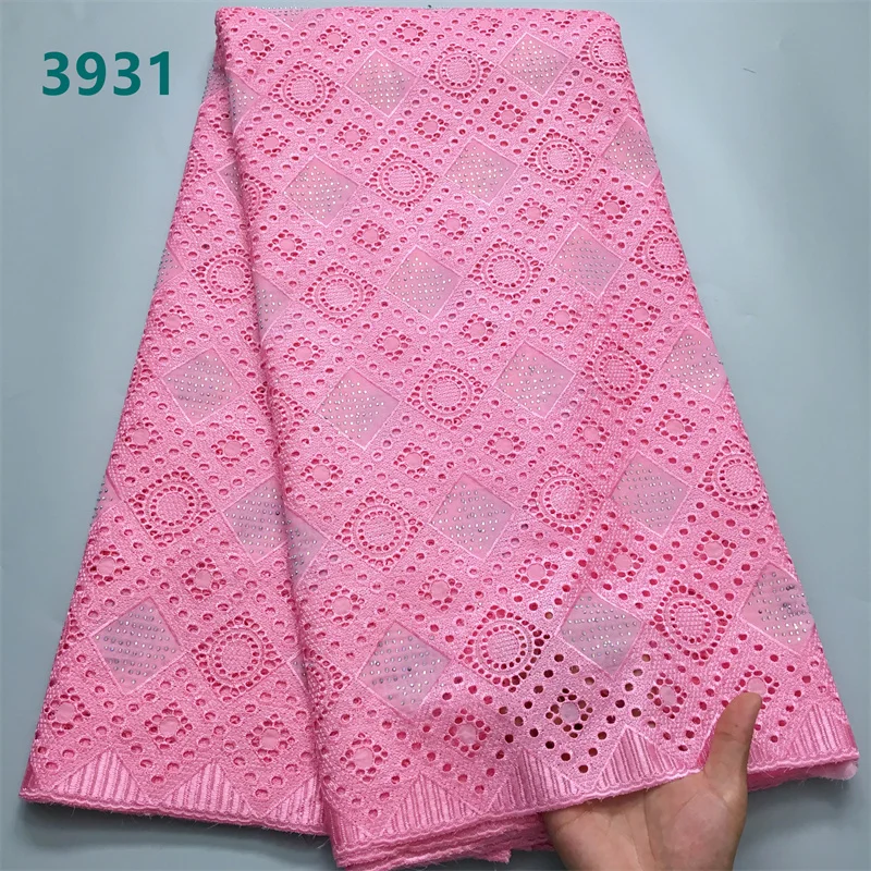Luxury Pure Color African Cotton Lace Fabric with Crystals 2024 High Quality Swiss Voile Lace Fabric for Wedding Dresses 3931