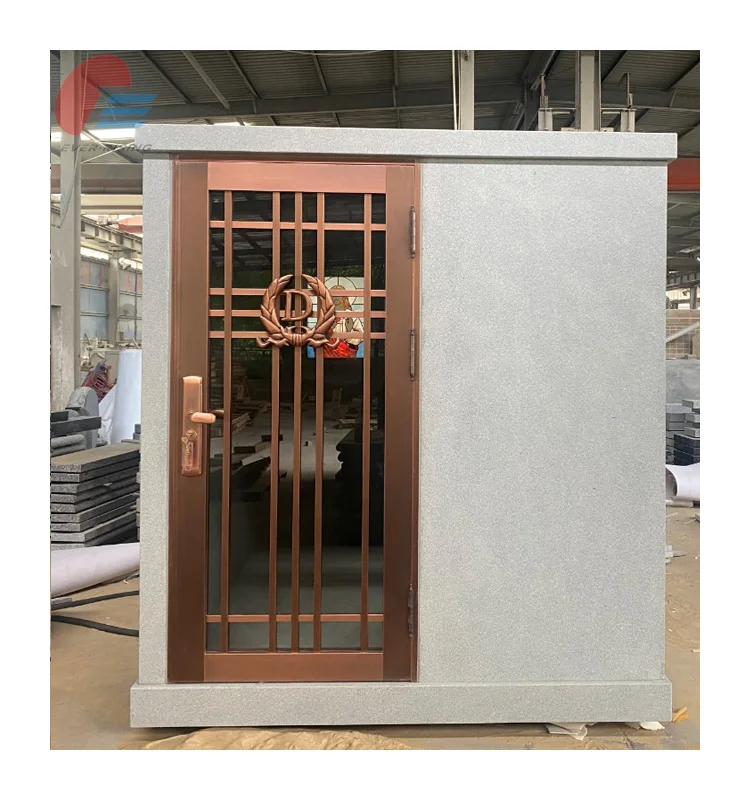 High Quality Cemetery Usage Natural Stone Granite Grey Pre-Assembled Walk-in 3 crypt Mausoleumwith bronze door and window