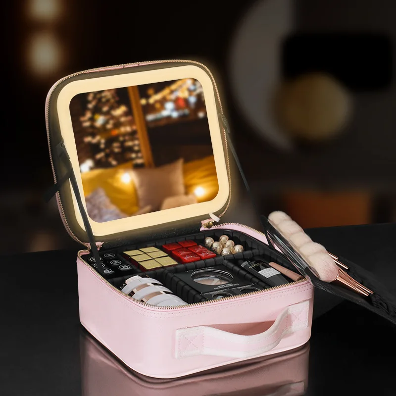 2022 new large capacity desktop cosmetic storage box waterproof leather travel portable makeup bag case with LED light mirror