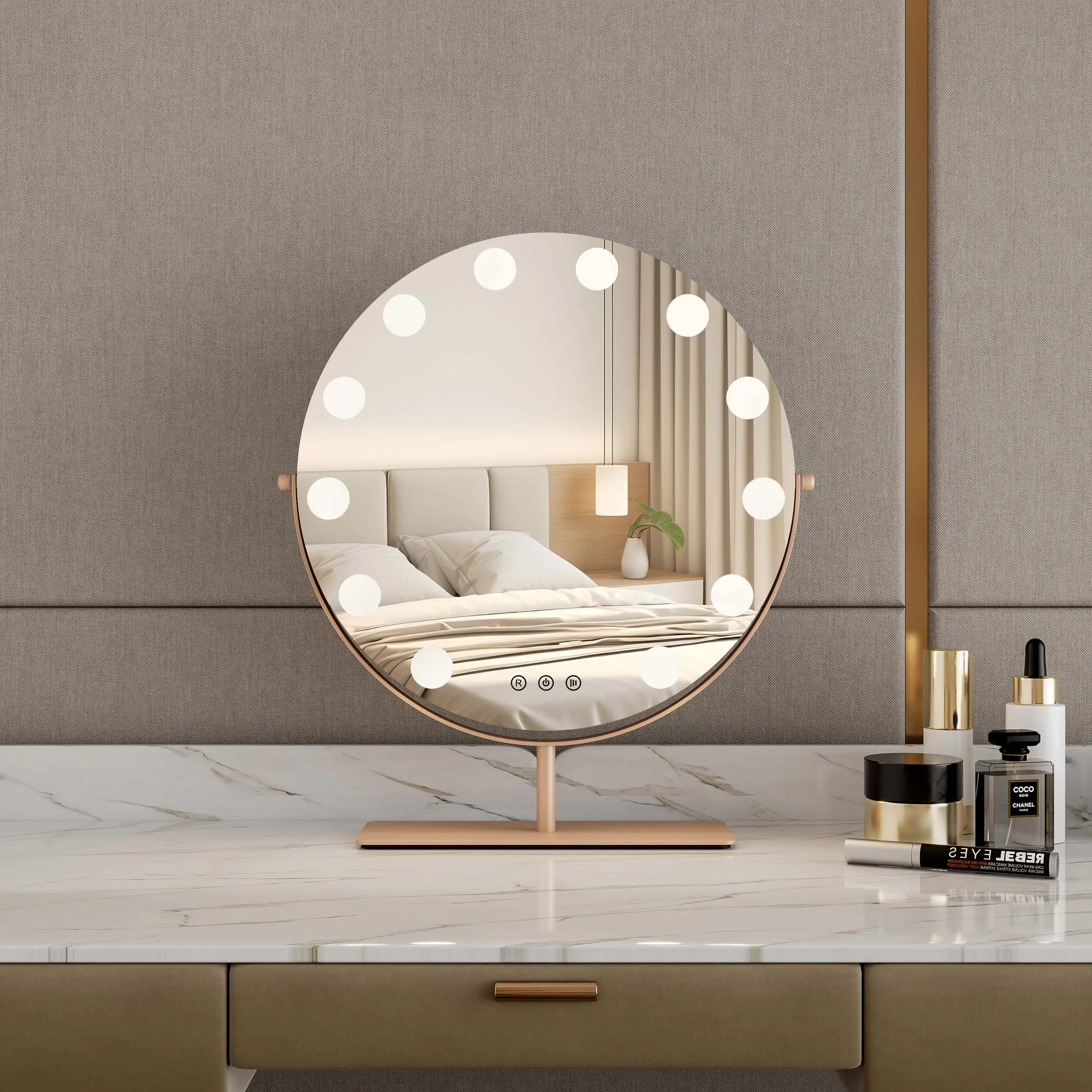 Metal Frame Adjustable Brightness Custom Light up Rose Gold Tabletop Vanity Cosmetic Hollywood Makeup Mirror With Led Lights