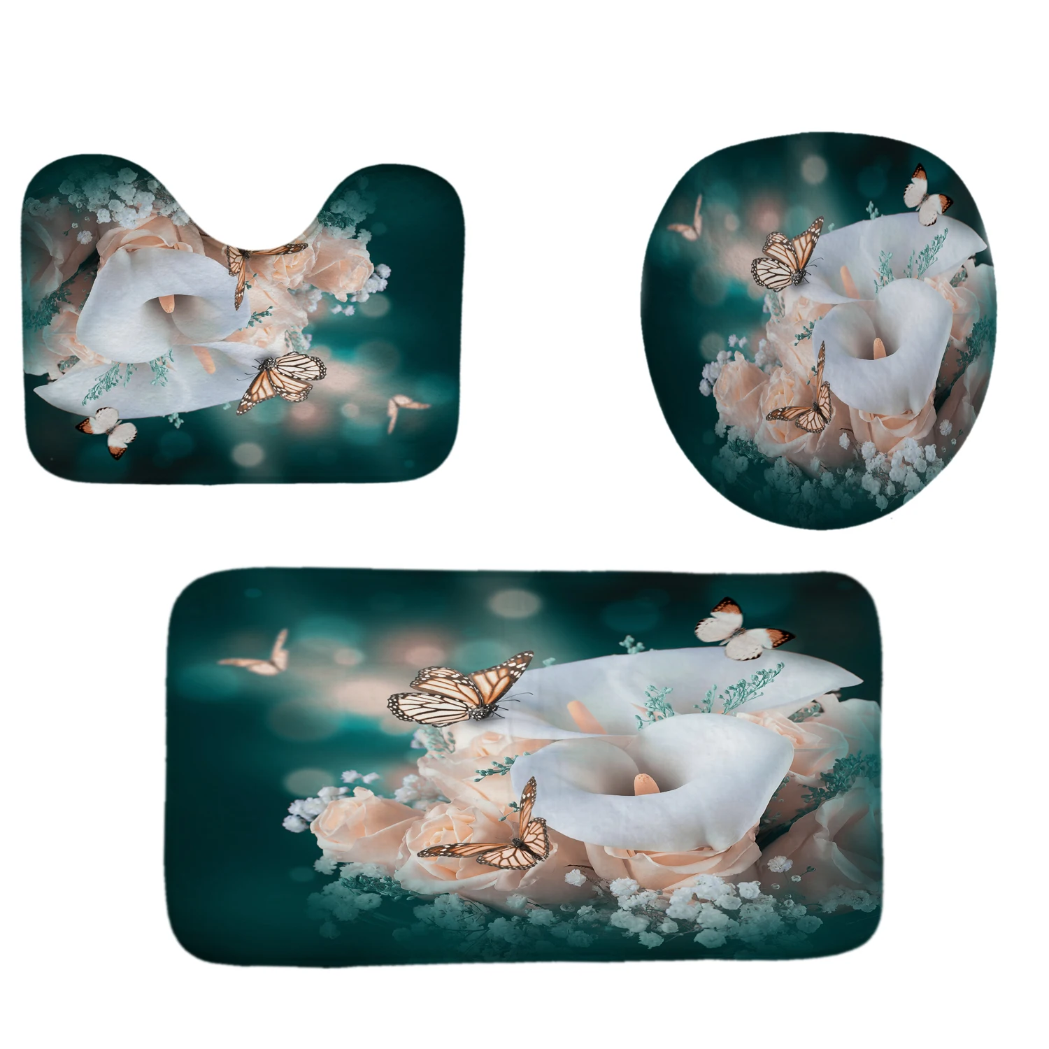 China made Butterfly series Mat Shower 4 Pieces Set Shower Curtain 3 Pieces Set bath mat