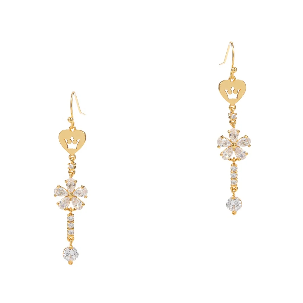 Luxury crown pattern brass flower round zircon diamonds 18k real gold earrings for women jewelry