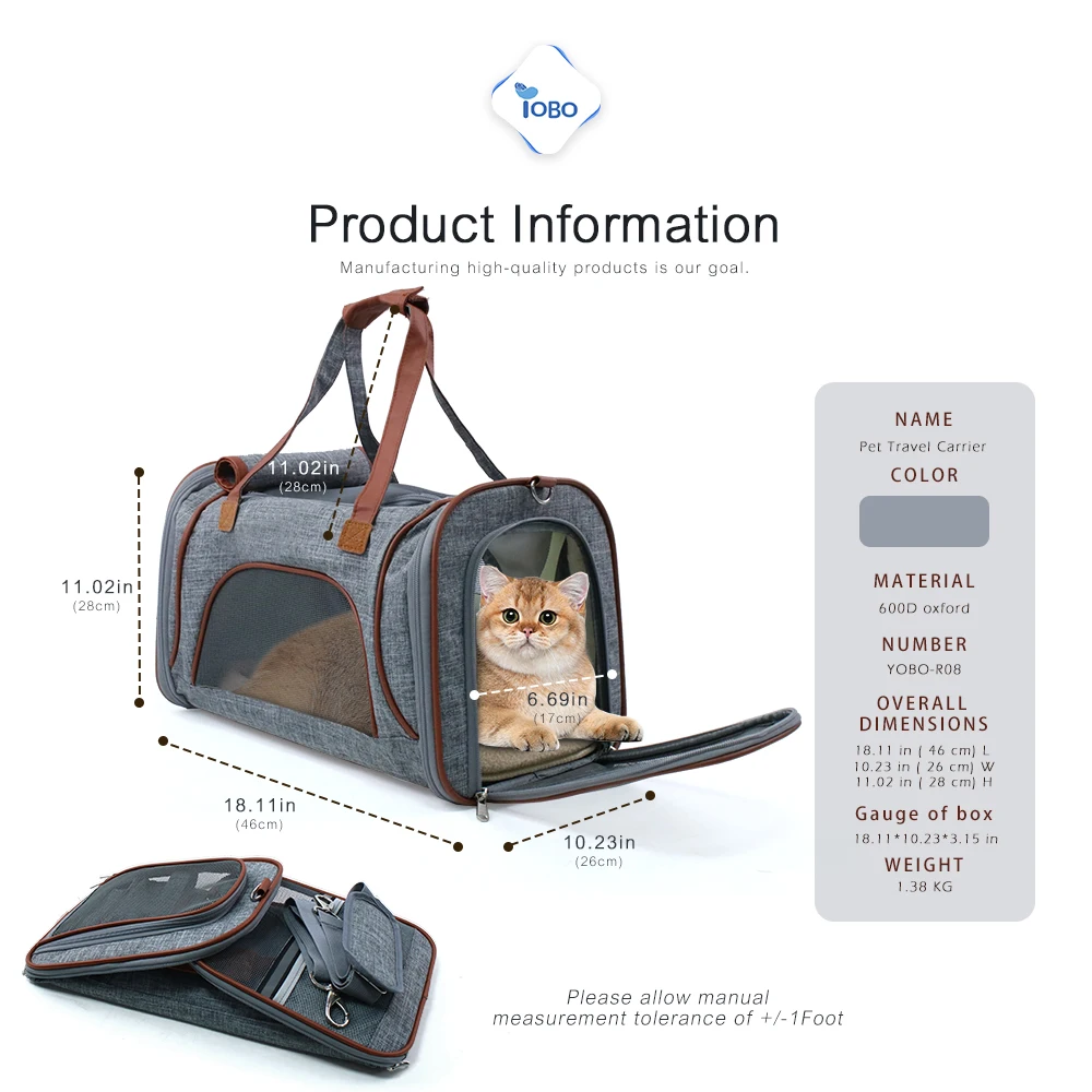 Lightweight Collapsible Durable Portable Breathable Soft-Sided dog Cat Carrier Pet Travel Bag with Fleece Pad