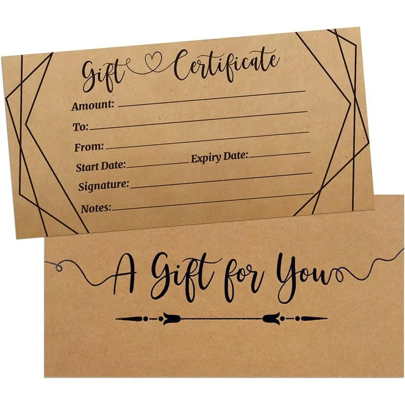 Custom Blank Gift Certificates Kraft Black Foil Certificate Cards with Envelopes for Beauty Salon Business