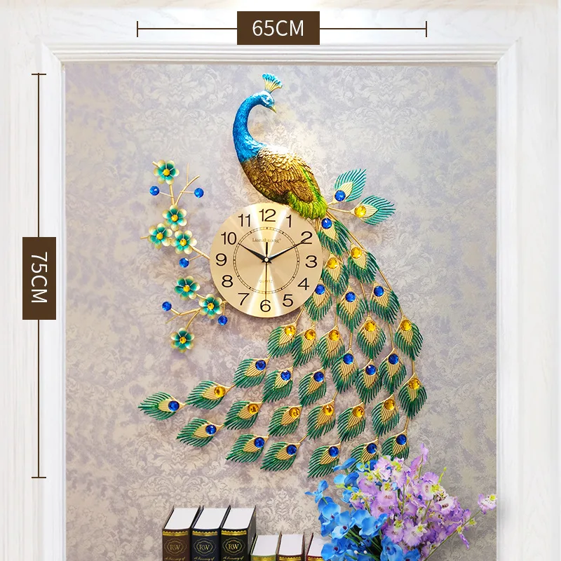 Fashion Gold Peacock Wall Art Clock For Living Room Decor luminous wall clock