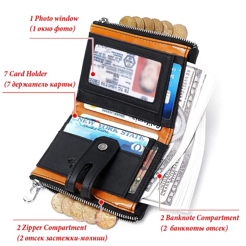 Cow Leather Color Contrast Card Wallets Purse Mini Leather Vintage Male Bag With Zip Key Chain Short Wallet Man